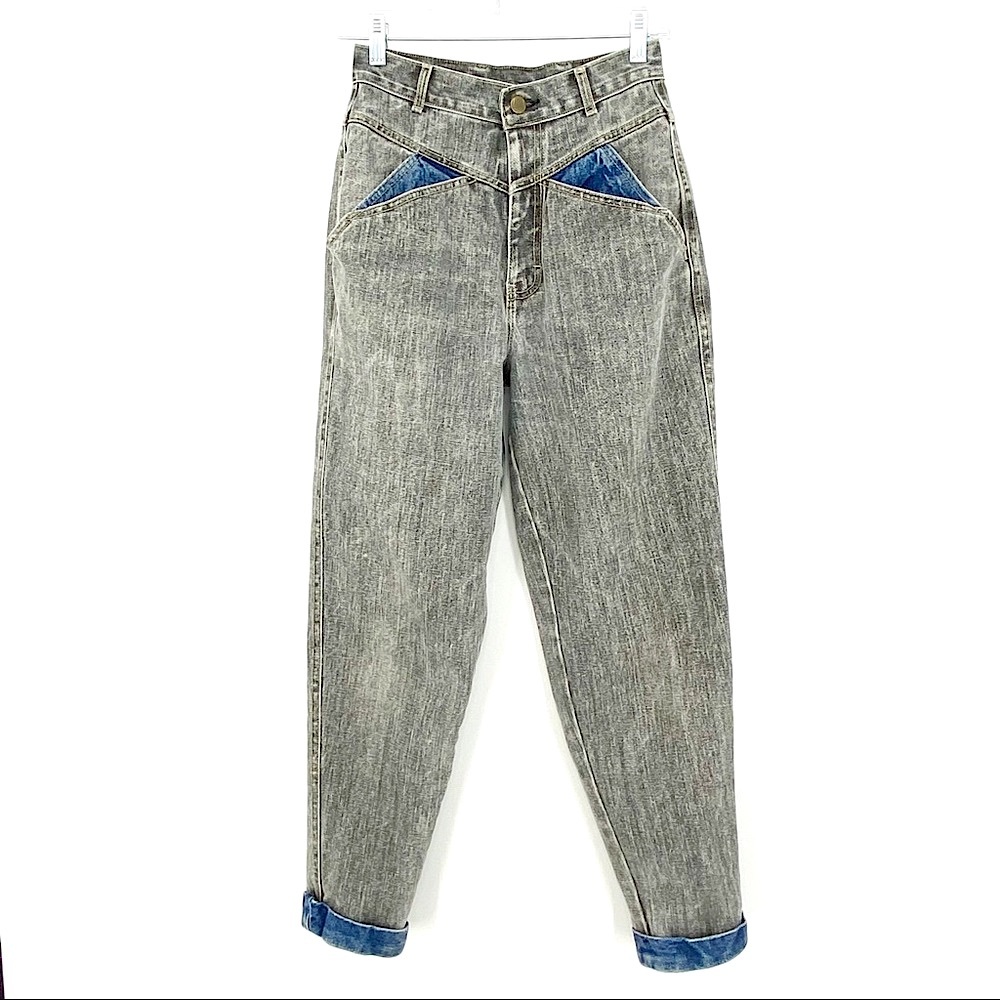 Vintage 80s Acid Wash High Waist Jeans 9 Gray Blue Two Tone 100% Cotton Cuffed